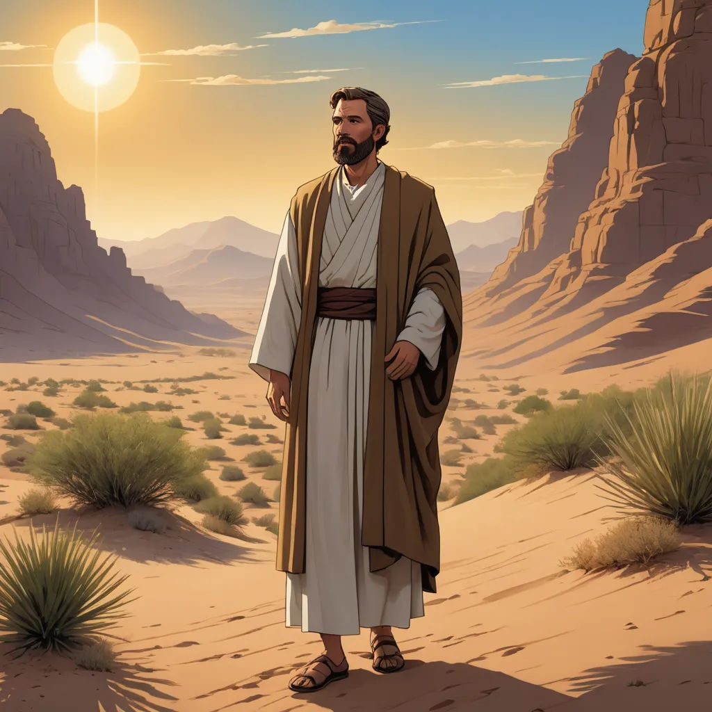a man in a desert scene with a desert landscape in the background and a sun in the sky above, space art, a detailed matte painting, Edward George Handel Lucas, desert