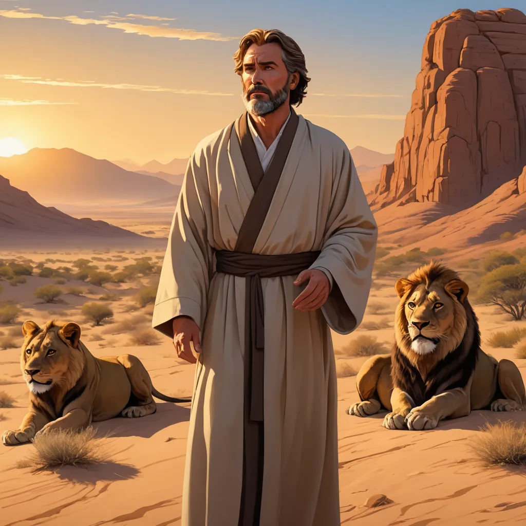 a painting of jesus standing in the desert with two lions laying down in front of him and a mountain in the background, furry art, concept art, Edward George Handel Lucas, official art