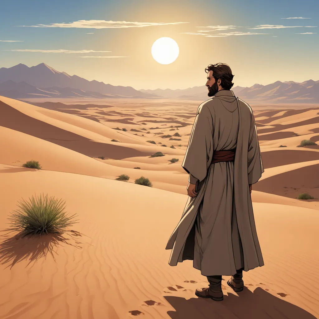 a man in a desert with a desert landscape in the background and a sun setting behind him, with a desert landscape in the foreground, dau-al-set, a detailed matte painting, Asaf Hanuka, desert