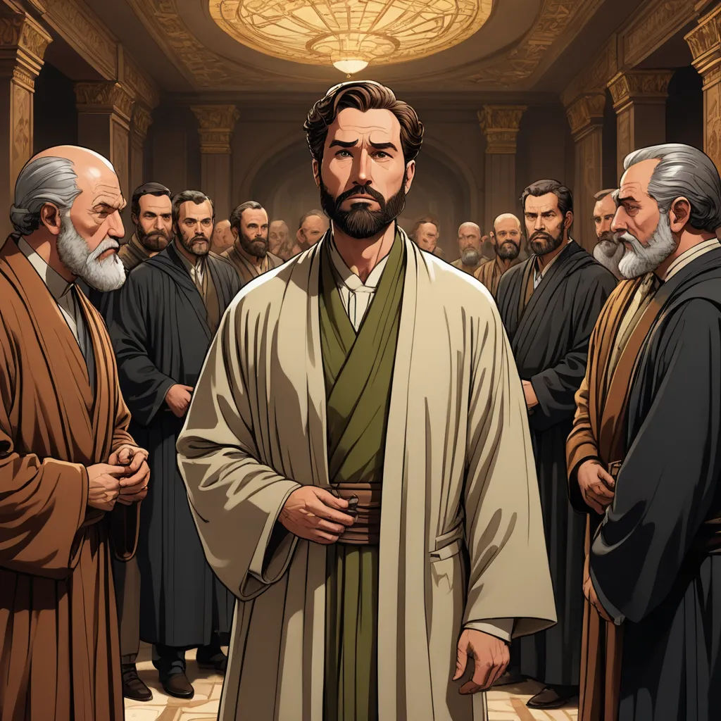 a painting of a man with a beard and many other men in robes standing around him in a room, figurativism, a comic book panel, Edward George Handel Lucas, official art