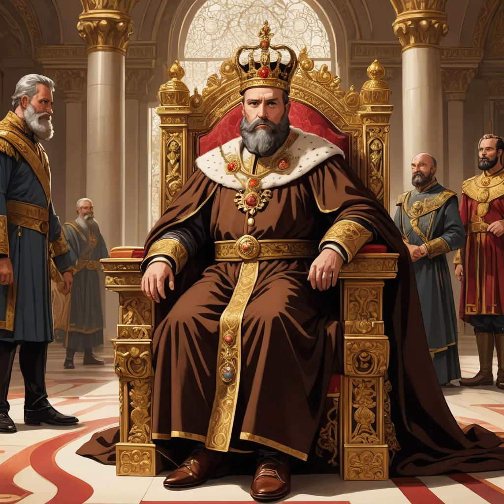 a painting of a man sitting on a throne in a room with other men standing around him and wearing robes, sots art, a detailed painting, Edward Otho Cresap Ord, II, highly detailed digital painting