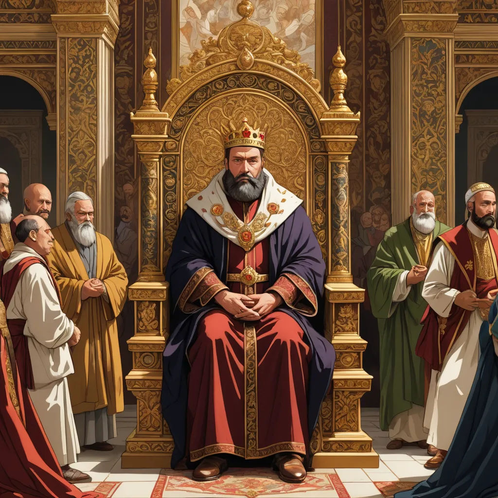 a painting of a priest sitting on a throne surrounded by other priests and priests in robes and robes,, mannerism, a detailed painting, Edmund Leighton, renaissance oil painting