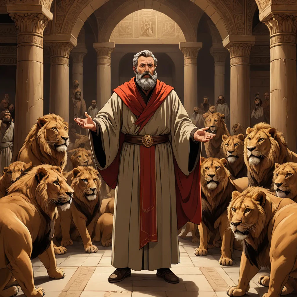 a man standing in front of a group of lions in a building with a red cape on his head, furry art, a storybook illustration, Christophe Vacher, furaffinity