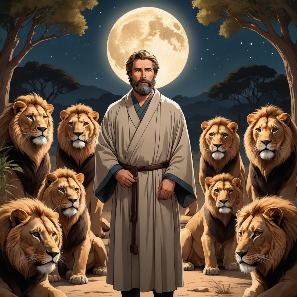 a man standing in front of lions with a full moon behind him and a full moon behind him in the background, furry art, poster art, Edward George Handel Lucas, furaffinity