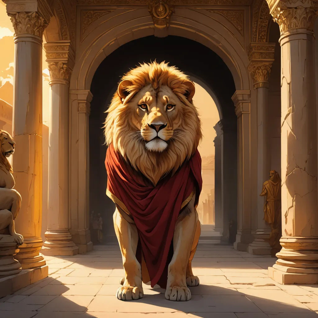a lion with a scarf around its neck standing in a courtyard with statues of lions around it and a doorway in the background, fantasy art, a digital painting, Christophe Vacher, trending on art station