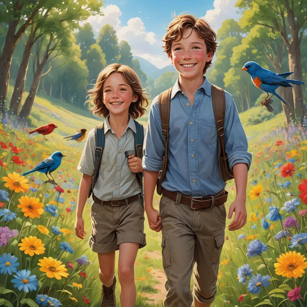 a painting of two children walking through a field of flowers and birds with a bird on their shoulder and a bird on his shoulder, magical realism, a detailed painting, Brothers Hildebrandt, official art