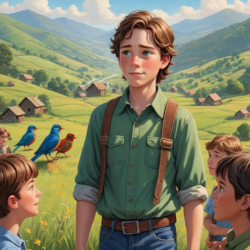 a painting of a boy standing in front of a group of children in a field with a bird on his shoulder, american scene painting, a storybook illustration, Aaron Jasinski, official art