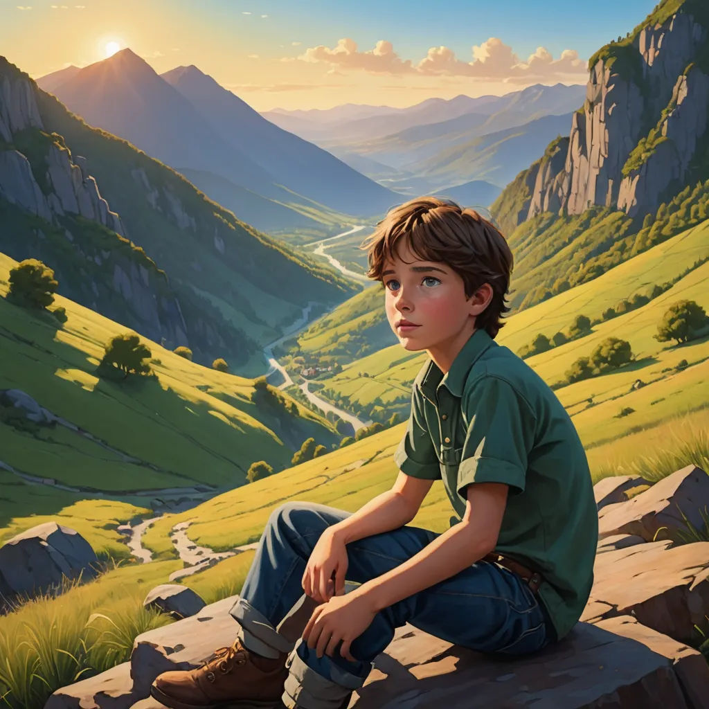 a painting of a boy sitting on a rock looking at the valley below him and mountains in the background, magic realism, a detailed matte painting, Aaron Jasinski, official art