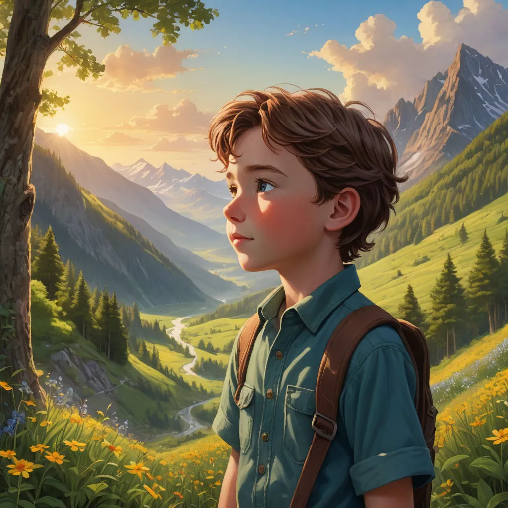 a painting of a boy in a green shirt looking at a mountain valley with a river running through it, fantasy art, a storybook illustration, Aaron Jasinski, rossdraws global illumination