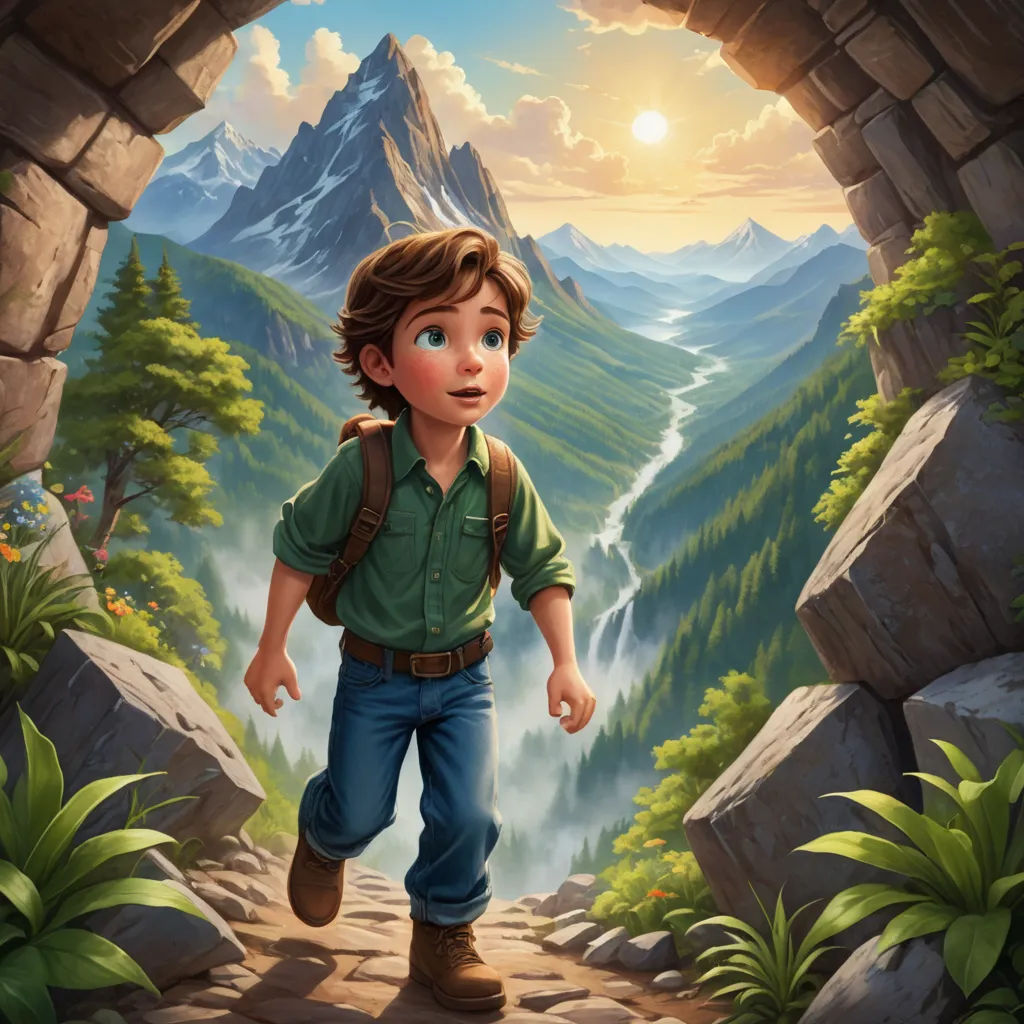 a boy is walking through a tunnel in the mountains with a backpack on his back and a mountain range in the background, fantasy art, a storybook illustration, Cliff Childs, kinkade