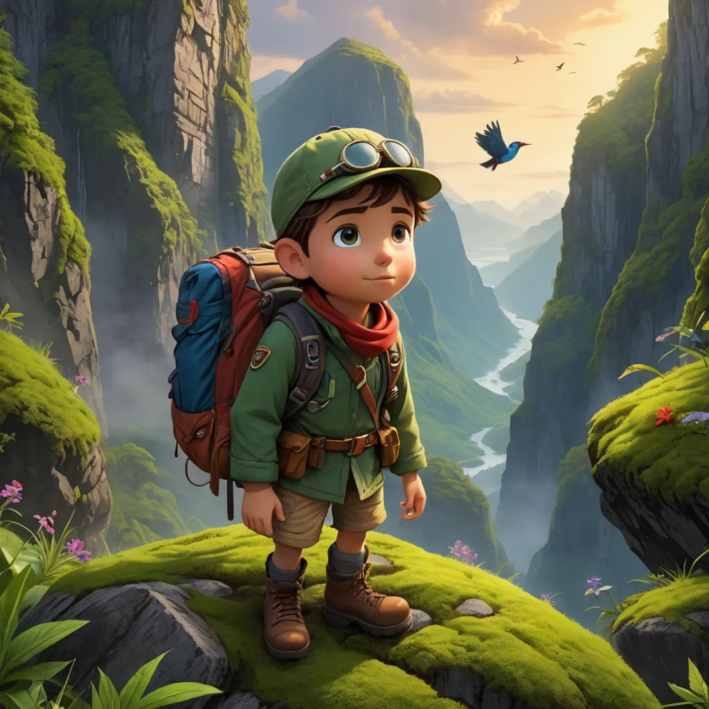 a boy with a backpack standing on a cliff with a bird flying over him and a bird flying over him, photorealism, a detailed matte painting, Diego Gisbert Llorens, promotional image