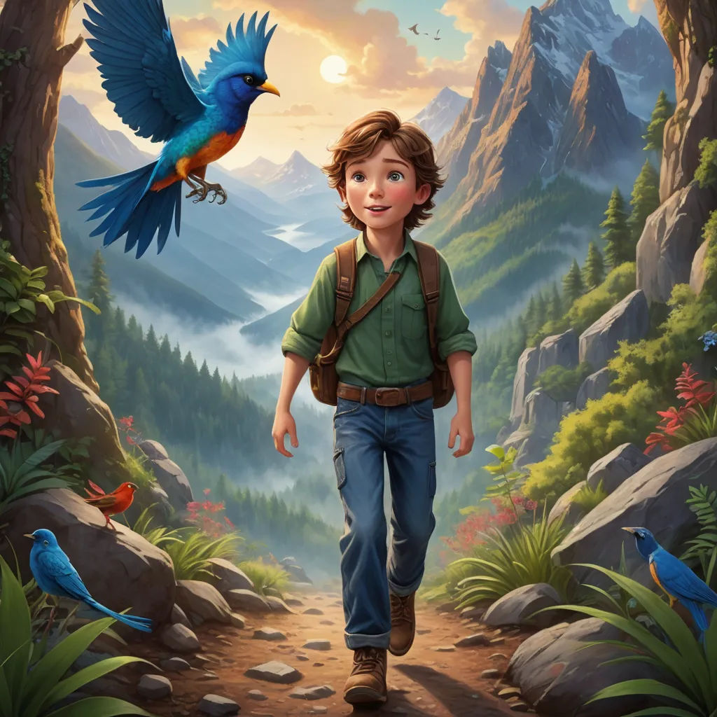 a boy is walking through a mountain with a bird on his shoulder and a bird on his shoulder, and a bird flying above him, photorealism, poster art, Chris LaBrooy, promotional image
