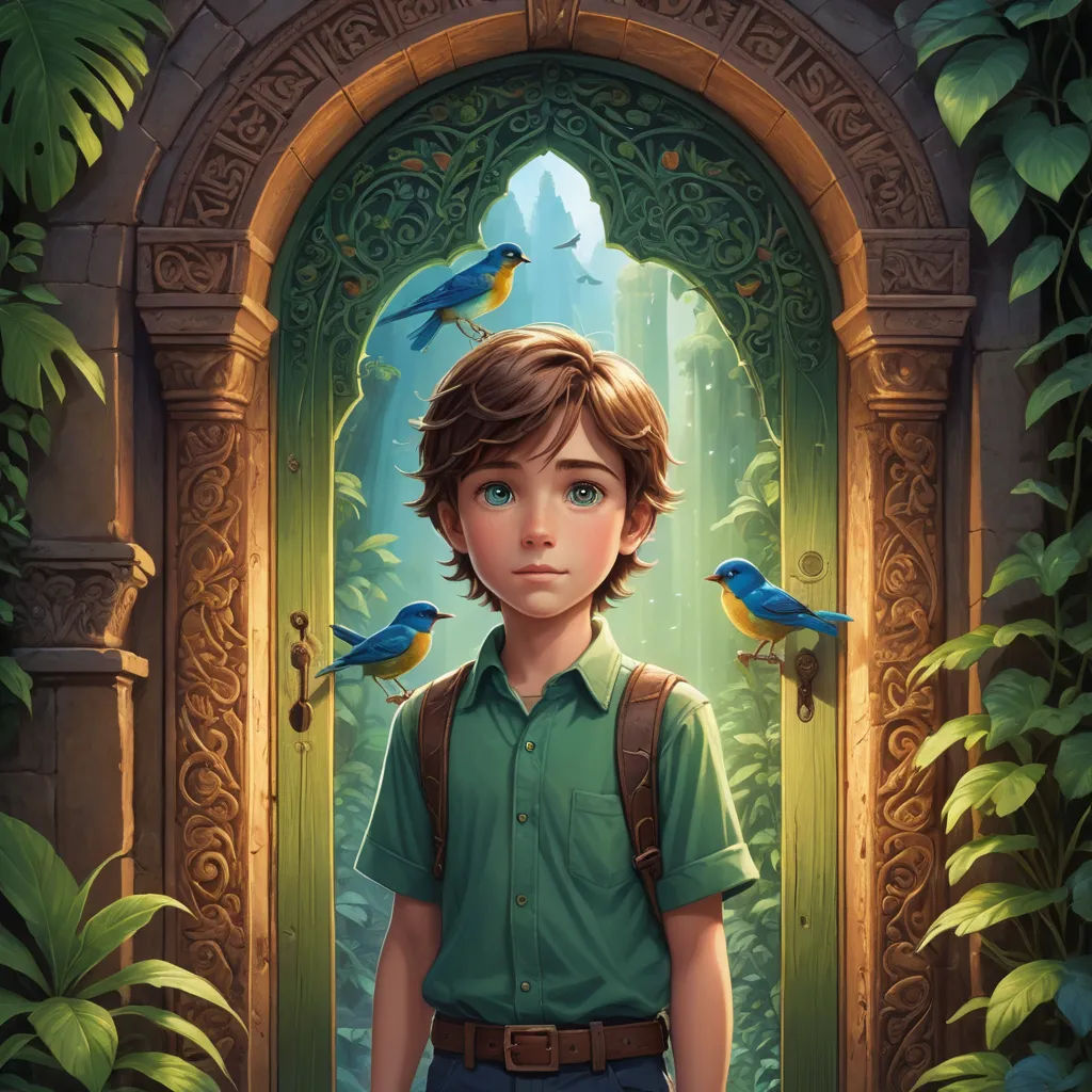 a boy with a backpack standing in front of a doorway with birds on it and a jungle background behind him, fantasy art, a storybook illustration, Aaron Jasinski, rossdraws global illumination