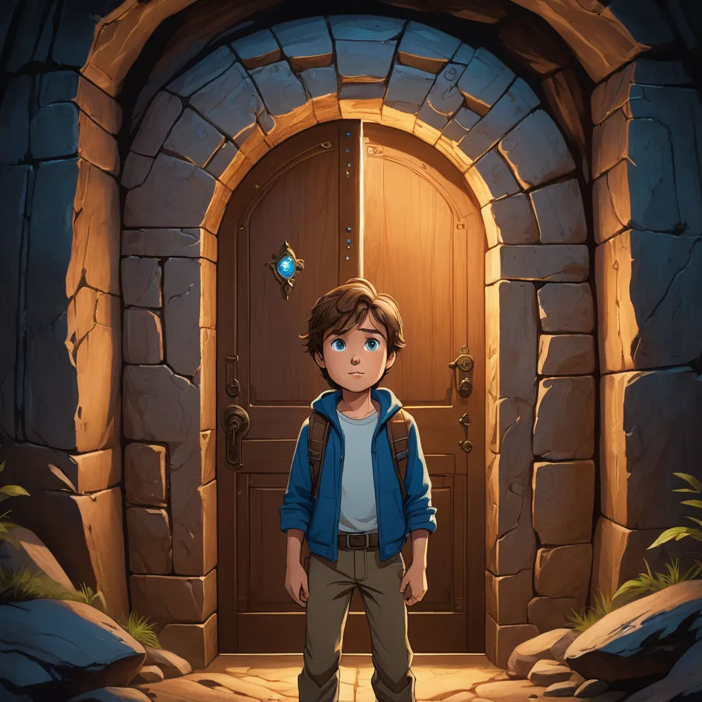a boy standing in front of a doorway with a light on it's head and a blue ball in his hair, fantasy art, a storybook illustration, Diego Gisbert Llorens, 2 d game art