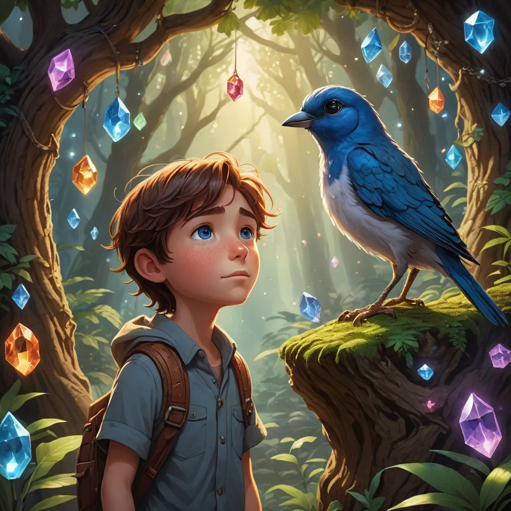 a boy standing in front of a blue bird on a tree stump in a forest with diamonds hanging from it, fantasy art, a storybook illustration, Aaron Jasinski, rossdraws global illumination