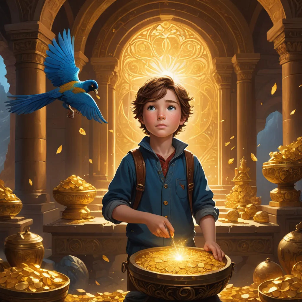 a boy holding a bowl of gold in front of a blue bird flying over it and a golden bowl with coins in it, fantasy art, a storybook illustration, Aaron Jasinski, rossdraws global illumination