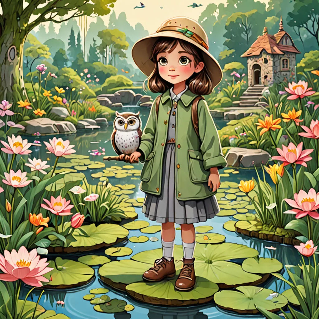a girl in a hat and coat standing on a lily pad with an owl in front of a pond, fantasy art, a storybook illustration, Alice Prin, storybook illustration