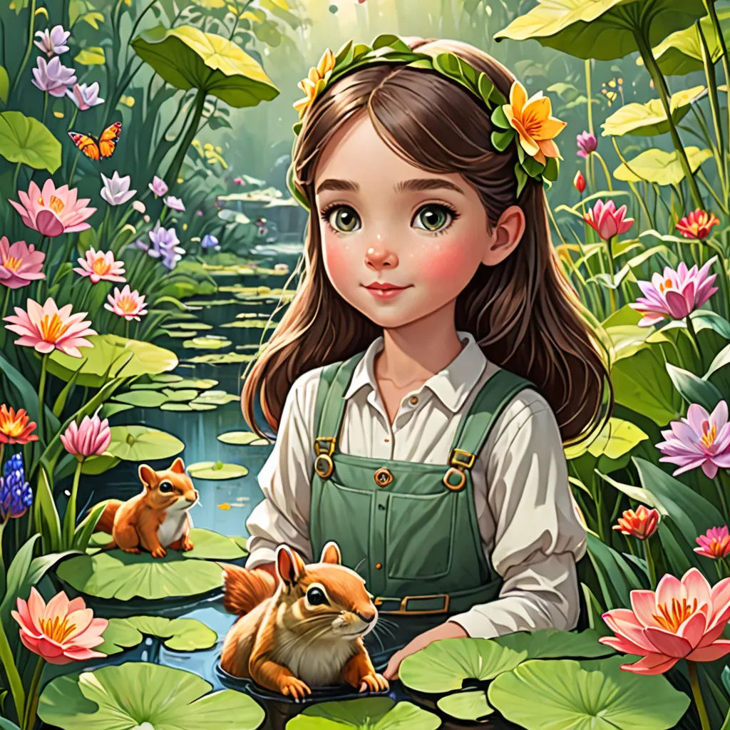 a girl with a squirrel in a pond surrounded by flowers and lily pads with a sun shining in the background, fantasy art, a storybook illustration, Alice Prin, kinkade
