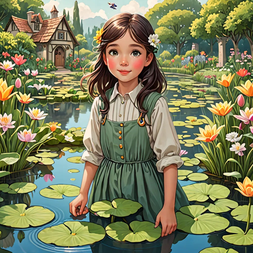 a painting of a girl standing in a pond with lily pads and a house in the background with a bird flying over her, fantasy art, a storybook illustration, Alice Prin, rossdraws global illumination