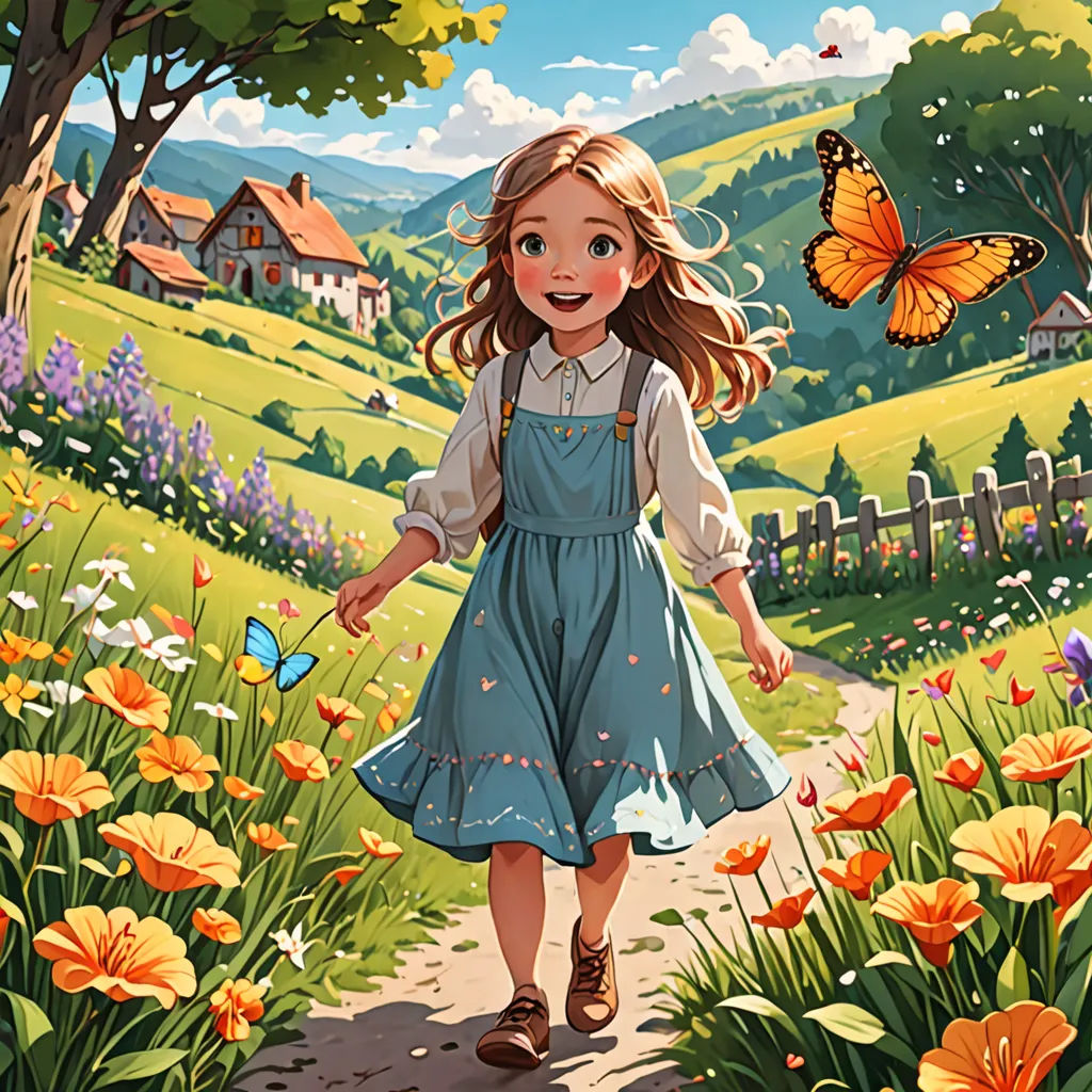 a painting of a girl walking down a path with a butterfly flying overhead in the background of a field of flowers, fantasy art, a storybook illustration, Anne Said, trending on art station