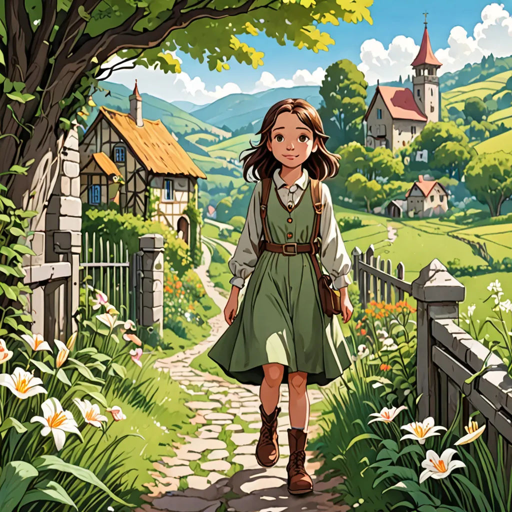 a girl walking down a path in a field with flowers and a house in the background, with a fence and a tree, fantasy art, a storybook illustration, Colin Middleton, official art