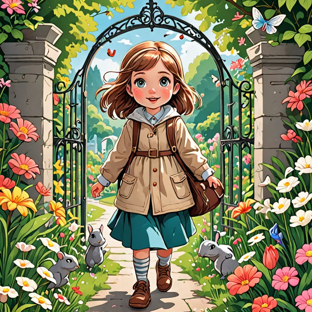 a girl walking through a garden with rabbits and flowers on the ground and a gate in the background with a girl in a coat and a hat, magic realism, a storybook illustration, Alice Prin, official art