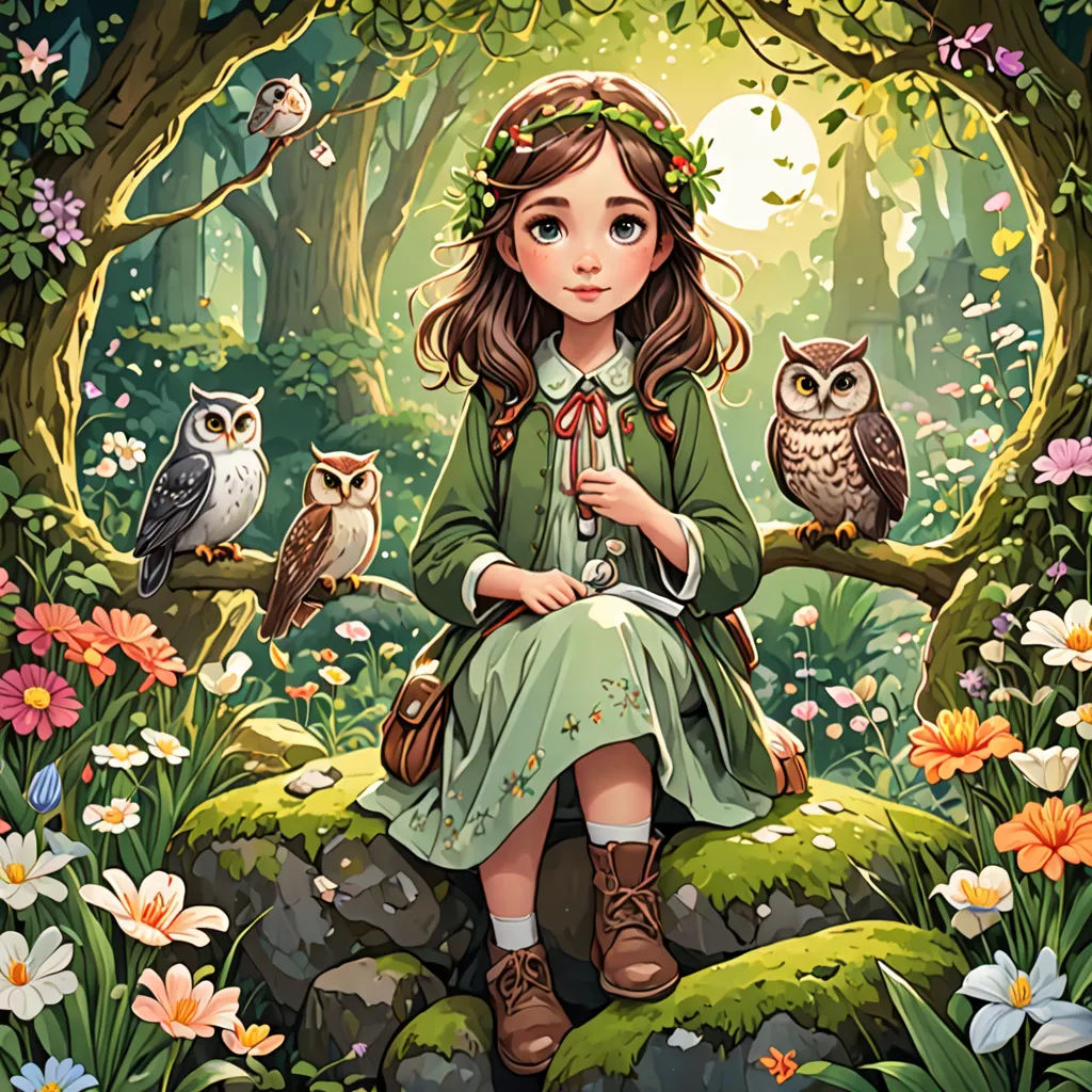 a girl sitting on a rock in a forest with owls on her shoulder and a bird perched on her shoulder, fantasy art, a storybook illustration, Anna Dittmann, rossdraws global illumination