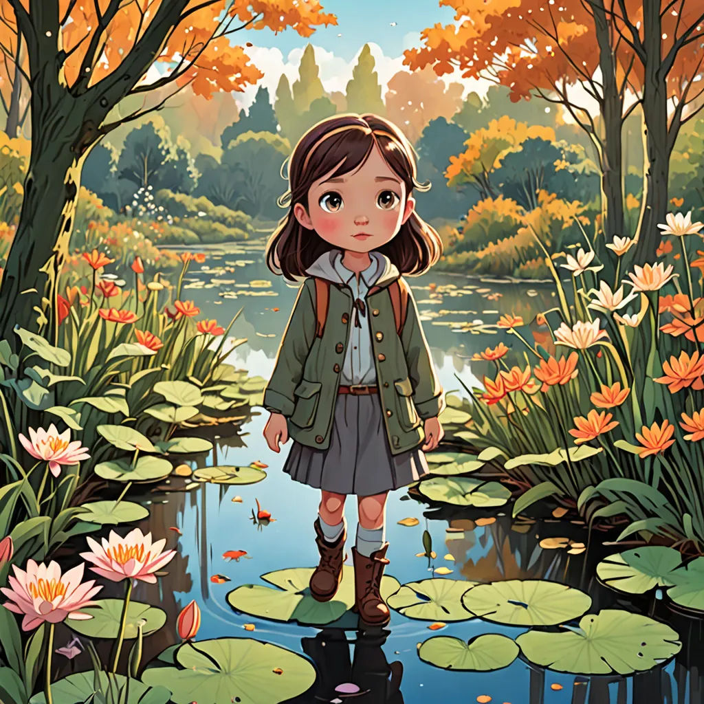 a girl standing in a pond surrounded by lily pads and trees with orange leaves on them and a pond with lily pads and water lillies, art & language, a storybook illustration, Choi Buk, official art