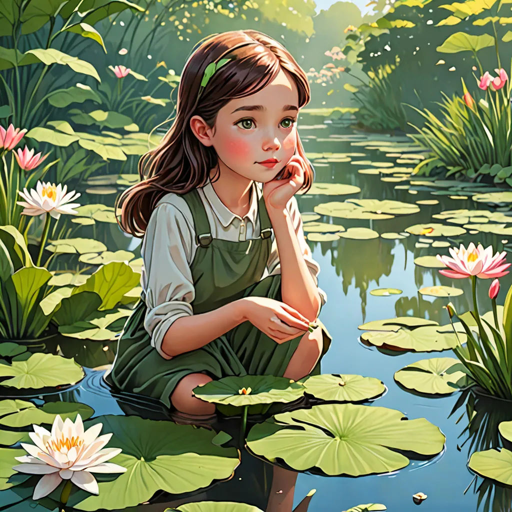 a painting of a girl sitting on a lily pad in a pond of water lilies with lily pads around her, fantasy art, a storybook illustration, Artgerm, rossdraws global illumination
