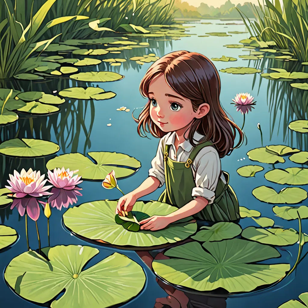 a girl sitting on a lily pad in a pond with lily pads around her and a butterfly on the lily pad, fantasy art, a storybook illustration, Cyril Rolando, trending on art station