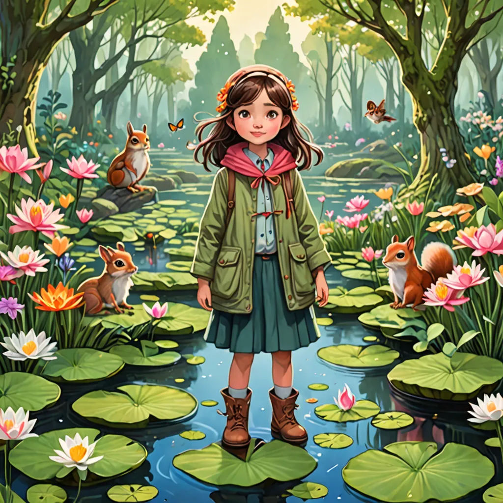 a girl standing in a pond surrounded by lily pads and a forest with animals in the background and a forest scene with trees and flowers, environmental art, a storybook illustration, Alice Prin, official art