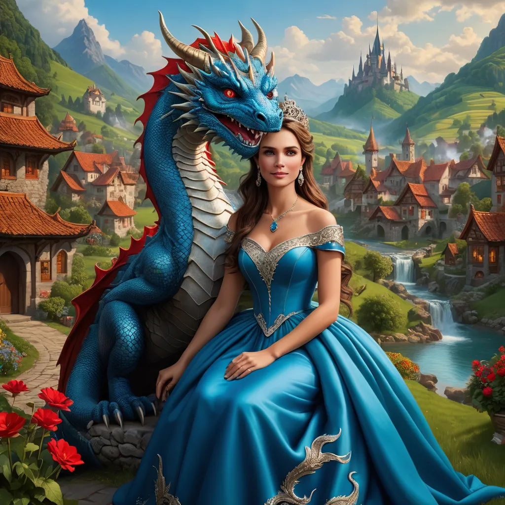 a woman in a blue dress sitting next to a dragon on a hill with a castle in the background, fantasy art, a storybook illustration, Anne Stokes, highly detailed digital painting
