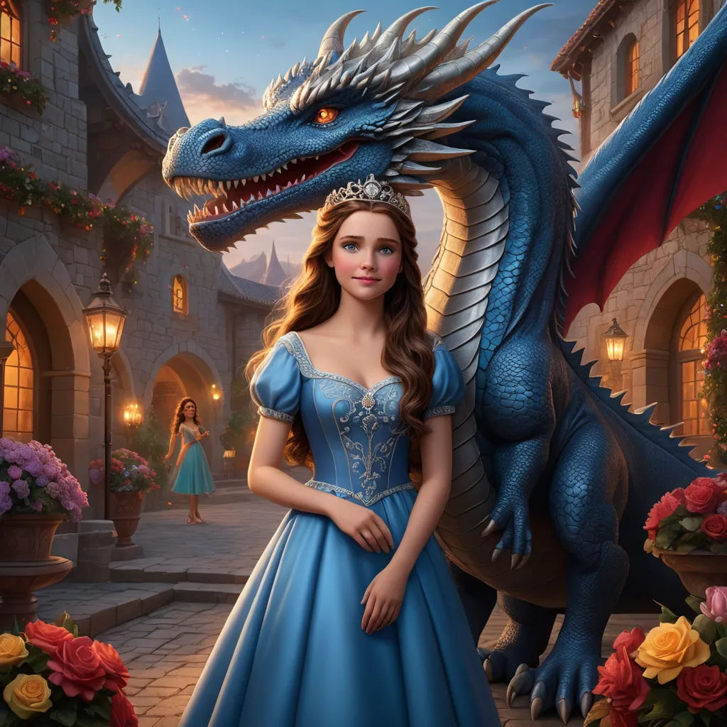 a woman in a blue dress standing next to a dragon in a castle like setting with flowers and a lamp, fantasy art, a storybook illustration, Chris LaBrooy, dragon art