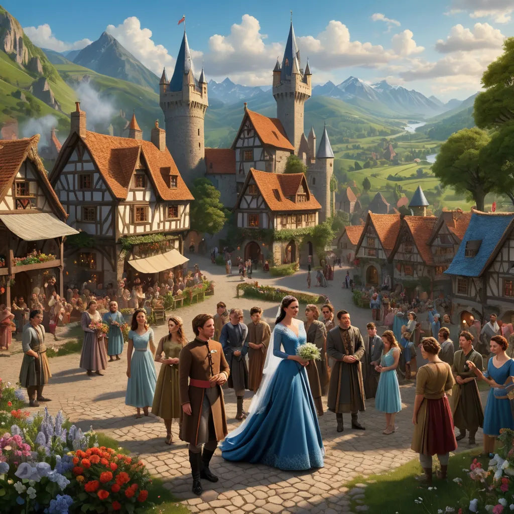 a painting of a couple in front of a castle with a crowd of people around them and a man in a blue dress, fantasy art, a detailed matte painting, Christophe Vacher, storybook illustration