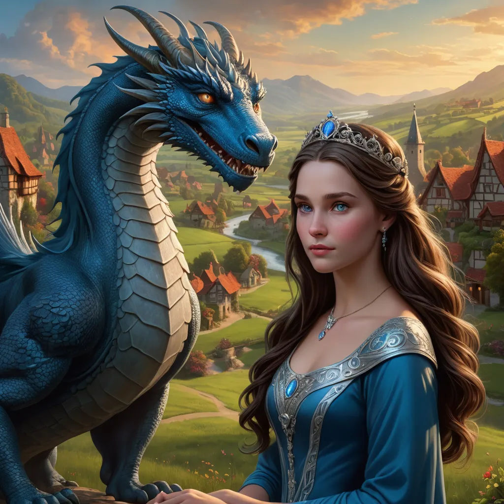 a woman in a blue dress next to a dragon on a hill with a castle in the background and a river running through it, fantasy art, a storybook illustration, Anne Stokes, dragon art
