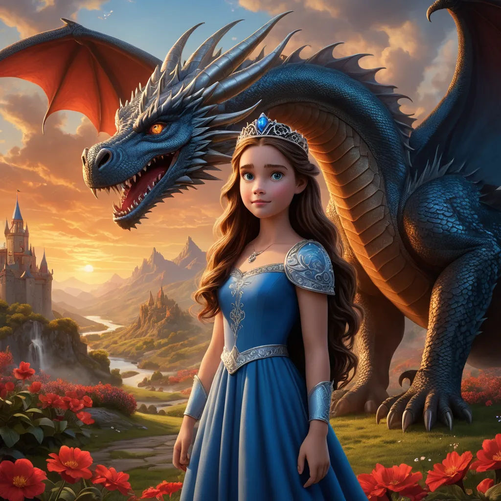 a young girl in a blue dress standing next to a dragon in a field of flowers with a castle in the background, fantasy art, a storybook illustration, disney, dragon art