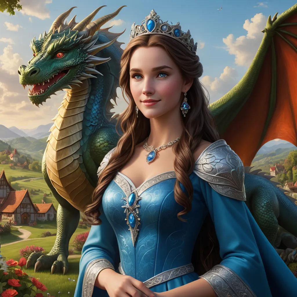 a woman in a blue dress and a dragon in a field of flowers and trees in the background, with a house in the background, fantasy art, computer graphics, Anne Stokes, dragon art