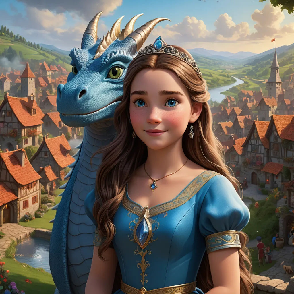 a young girl in a blue dress standing next to a dragon in a village with a river and buildings, furry art, a storybook illustration, disney, promotional image