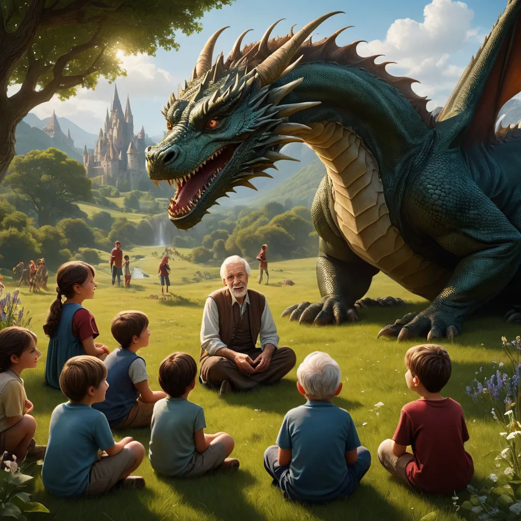 a man sitting in front of a group of children in a field with a dragon on the side of the field, fantasy art, a storybook illustration, Clint Cearley, dragon art