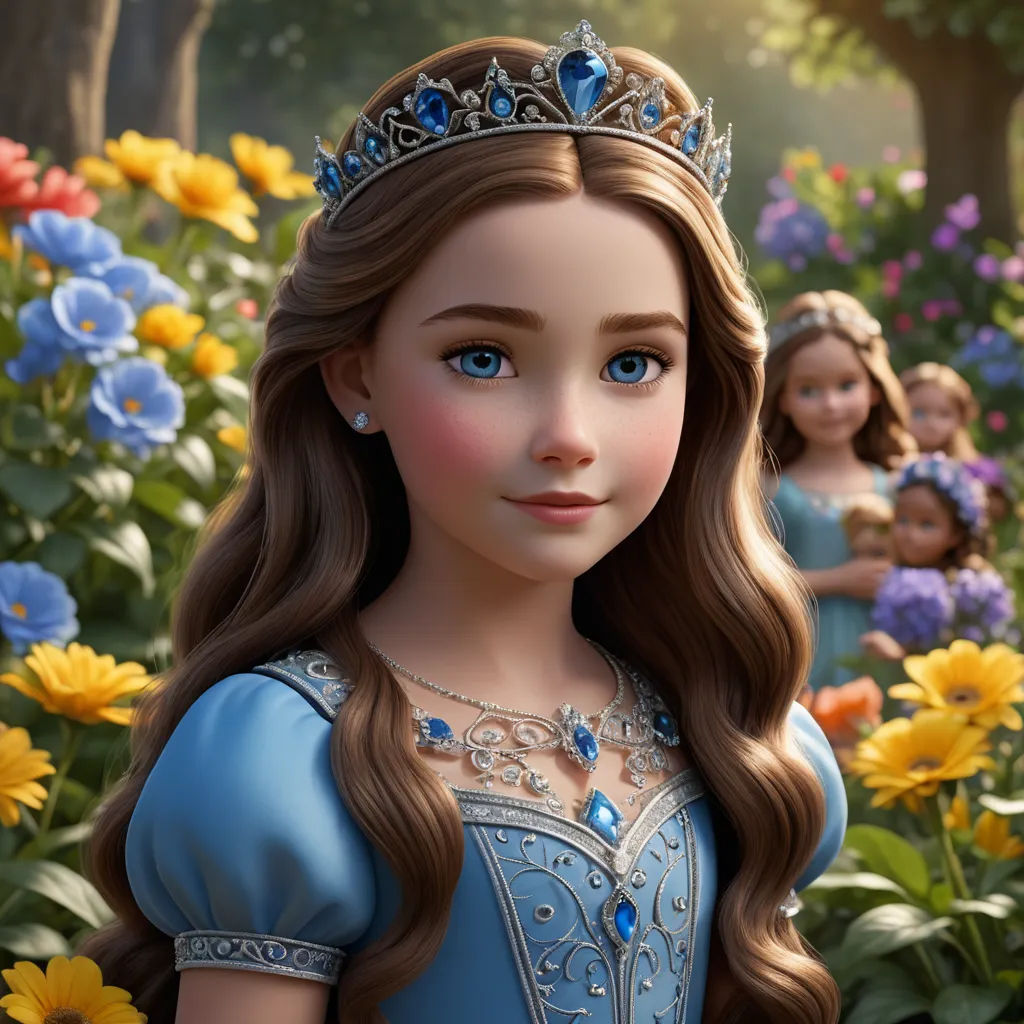 a cartoon picture of a princess with long hair and a tiara in a garden with flowers and other flowers, photorealism, a character portrait, Alice Prin, official art