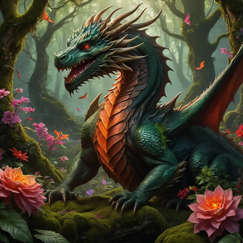 a dragon with red eyes sitting in a forest with flowers and trees in the background, with a sunbeam, fantasy art, concept art, Anne Stokes, magic the gathering artwork