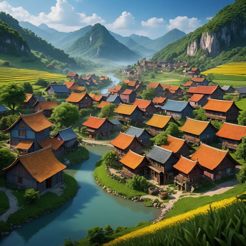 a village with a river and mountains in the background is shown in this painting by artist mark stratt, synthetism, a detailed matte painting, Evgeny Lushpin, cinematic matte painting
