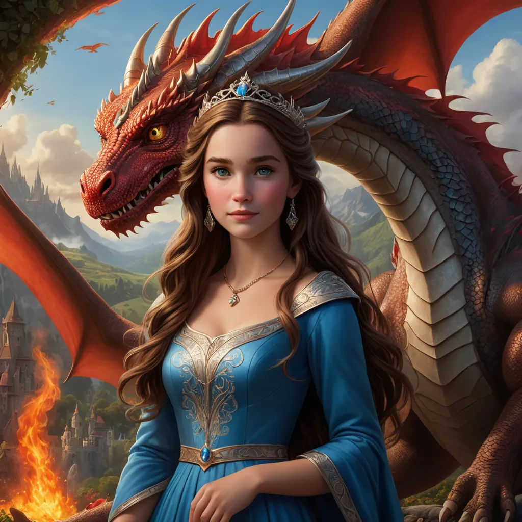 a beautiful young lady in a blue dress next to a dragon and castle with a red dragon on it, fantasy art, a detailed painting, Anne Stokes, dragon art