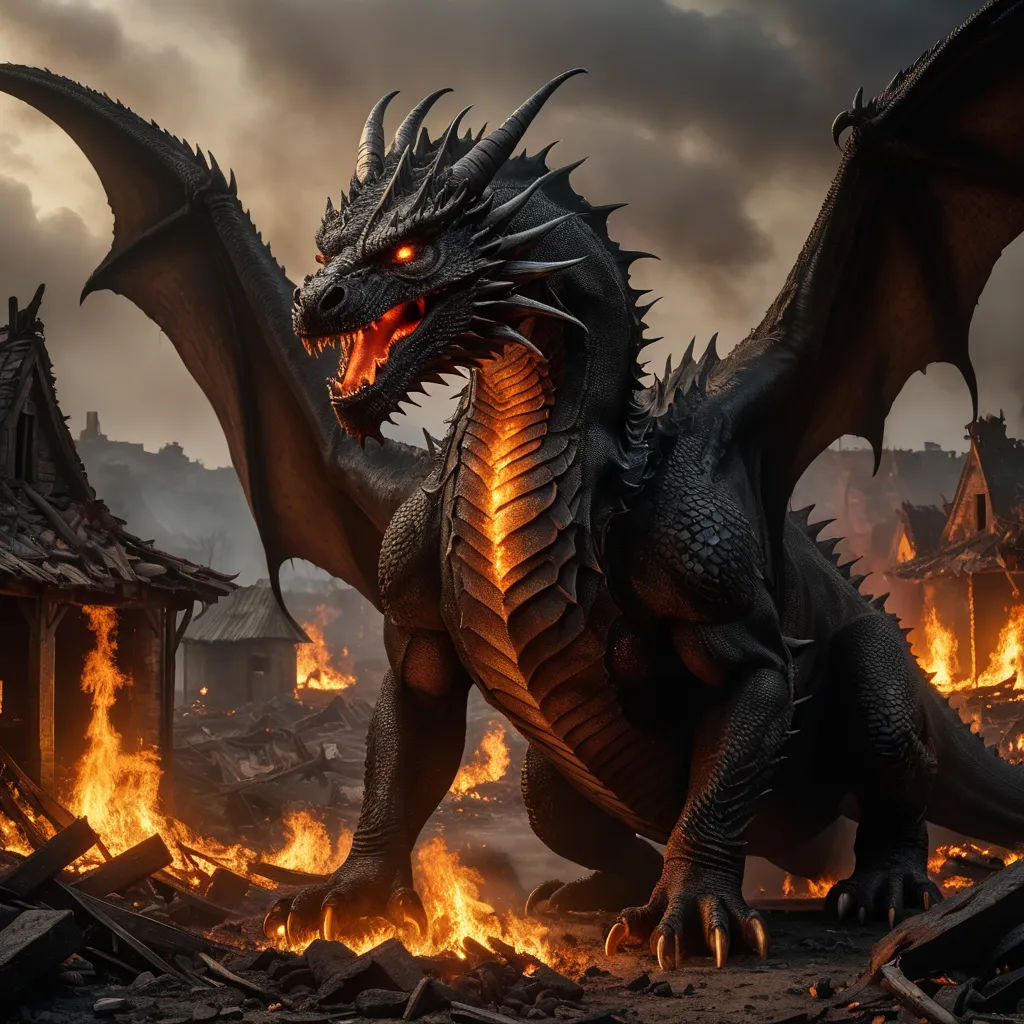 a dragon with a fire in its mouth is standing in a destroyed area with buildings and fire in the background, fantasy art, a detailed matte painting, Anne Stokes, dragon art