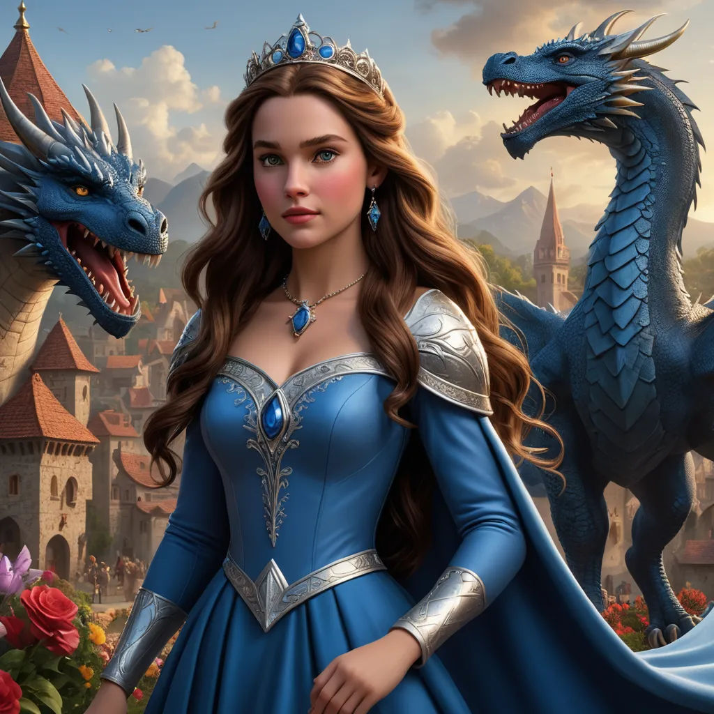 a woman in a blue dress standing next to a dragon and a castle with a castle in the background, fantasy art, a detailed painting, Anne Stokes, dragon art