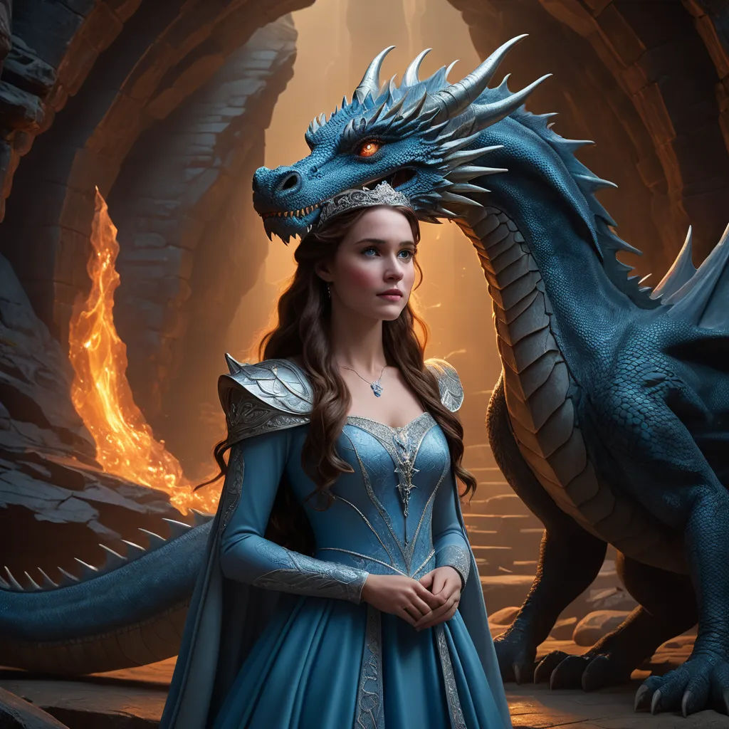 a woman in a blue dress standing next to a dragon in a cave with fire coming from its mouth, fantasy art, a detailed matte painting, Dirk Crabeth, dragon art