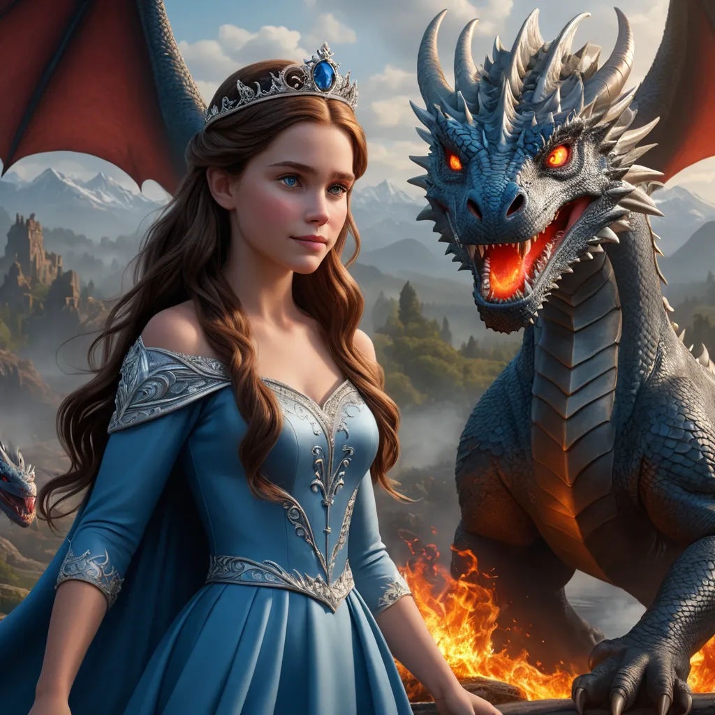 a woman in a blue dress next to a dragon in a forest with a fire breathing dragon behind her, fantasy art, computer graphics, disney, unreal engine highly rendered