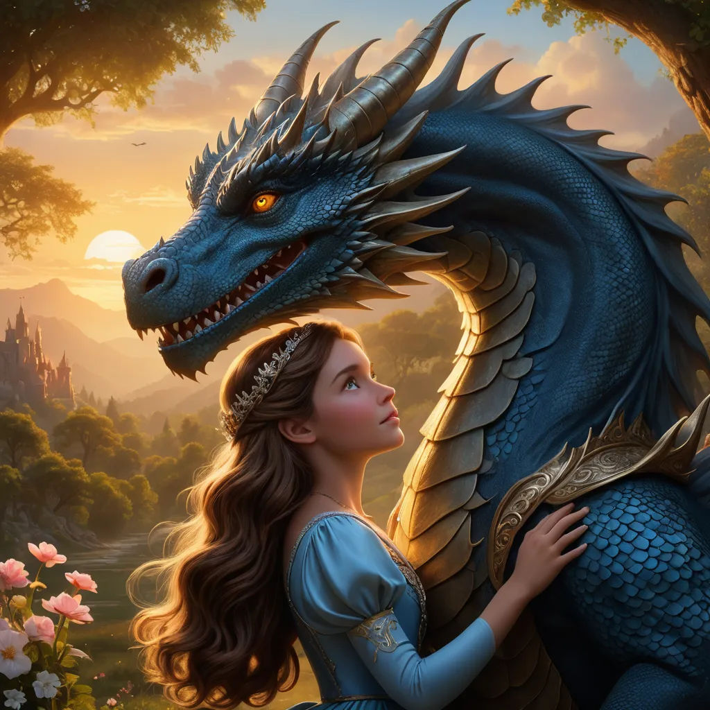 a woman is holding a dragon in a painting style, with a castle in the background and flowers in the foreground, fantasy art, a storybook illustration, Anne Stokes, dragon art