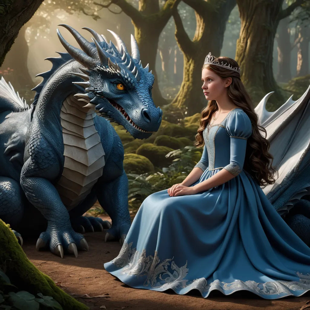 a woman in a blue dress sitting next to a dragon in a forest with trees and bushes behind her, fantasy art, a storybook illustration, Chris LaBrooy, dragon art