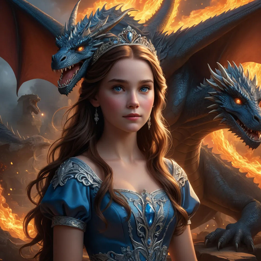 a woman in a blue dress standing next to a dragon and fire breathing dragon in a dark sky background, fantasy art, a detailed painting, Anne Stokes, dragon art